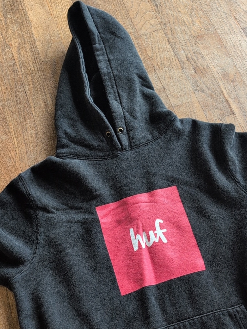 HUF Black Hoodie with Pink Square Logo